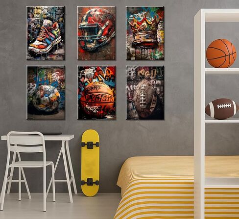 Graffiti Sport Wall Art American Football Basketball Prints Picture Colorful Crown Ball Sport Painting Poster Fashion Inspirational Canvas Wall Decor for Teen Boys Room Bedroom Decoration Unframed in Saudi Arabia