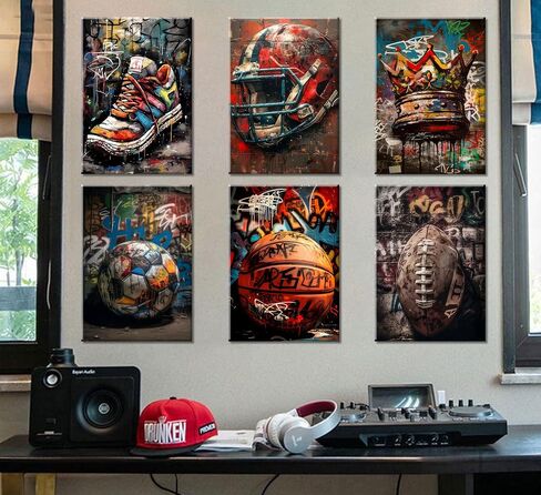 Graffiti Sport Wall Art American Football Basketball Prints Picture Colorful Crown Ball Sport Painting Poster Fashion Inspirational Canvas Wall Decor for Teen Boys Room Bedroom Decoration Unframed in Saudi Arabia
