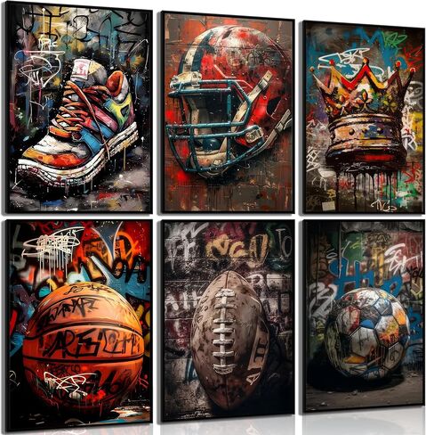 Graffiti Sport Wall Art American Football Basketball Prints Picture Colorful Crown Ball Sport Painting Poster Fashion Inspirational Canvas Wall Decor for Teen Boys Room Bedroom Decoration Unframed in Saudi Arabia