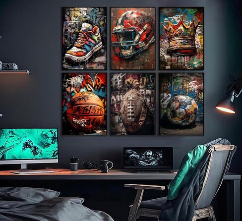 Graffiti Sport Wall Art American Football Basketball Prints Picture Colorful Crown Ball Sport Painting Poster Fashion Inspirational Canvas Wall Decor for Teen Boys Room Bedroom Decoration Unframed in Saudi Arabia