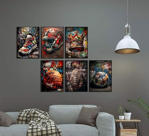 Graffiti Sport Wall Art American Football Basketball Prints Picture Colorful Crown Ball Sport Painting Poster Fashion Inspirational Canvas Wall Decor for Teen Boys Room Bedroom Decoration Unframed in Saudi Arabia