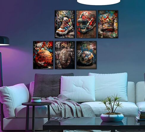 Graffiti Sport Wall Art American Football Basketball Prints Picture Colorful Crown Ball Sport Painting Poster Fashion Inspirational Canvas Wall Decor for Teen Boys Room Bedroom Decoration Unframed in Saudi Arabia
