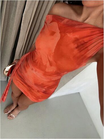 MakeMeChic Women's Mesh Off The Shoulder Dress Ruched Sleeveless Bodycon Cocktail Short Dresses in Saudi Arabia