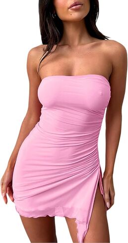 Women's Sexy Ruched Mesh Strapless Y2k Bodycon Dress Backless Tube Side Split Mini Dresses in Kuwait