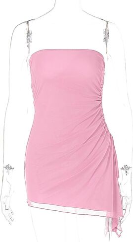 Women's Sexy Ruched Mesh Strapless Y2k Bodycon Dress Backless Tube Side Split Mini Dresses in Kuwait