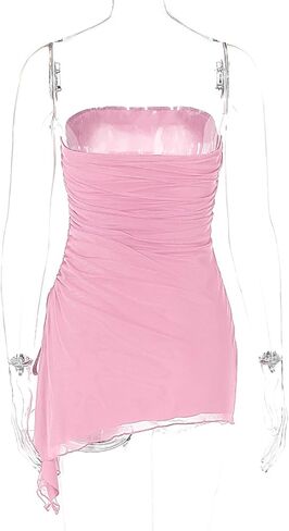 Women's Sexy Ruched Mesh Strapless Y2k Bodycon Dress Backless Tube Side Split Mini Dresses in Kuwait