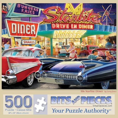 Bits and Pieces – Large 300 Piece Jigsaw Puzzle for Adults – 50s Starlite Diner - Classic Cars Drive in Jigsaw Puzzle by Larry Jones, Completed Puzzle Size: 18" x 24" in Saudi Arabia
