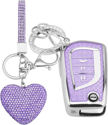 for Toyota 4 Buttons key fob cover with Diamond Heart Keychain, Car Accessories TPU for Fortuner Tundra Camry RAV4 Highlander Challenger Smart Key, Silver Purple in Saudi Arabia