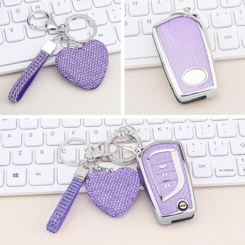 for Toyota 4 Buttons key fob cover with Diamond Heart Keychain, Car Accessories TPU for Fortuner Tundra Camry RAV4 Highlander Challenger Smart Key, Silver Purple in Saudi Arabia