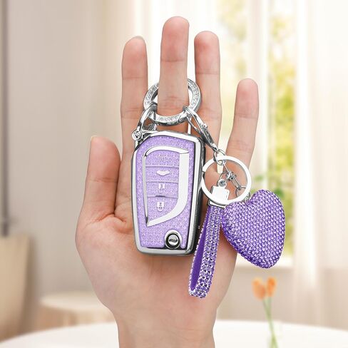 for Toyota 4 Buttons key fob cover with Diamond Heart Keychain, Car Accessories TPU for Fortuner Tundra Camry RAV4 Highlander Challenger Smart Key, Silver Purple in Saudi Arabia