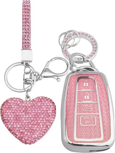 for Toyota 4 Buttons key fob cover with Diamond Heart Keychain, Car Accessories TPU for Fortuner Tundra Camry RAV4 Highlander Challenger Smart Key, Silver Purple in Saudi Arabia