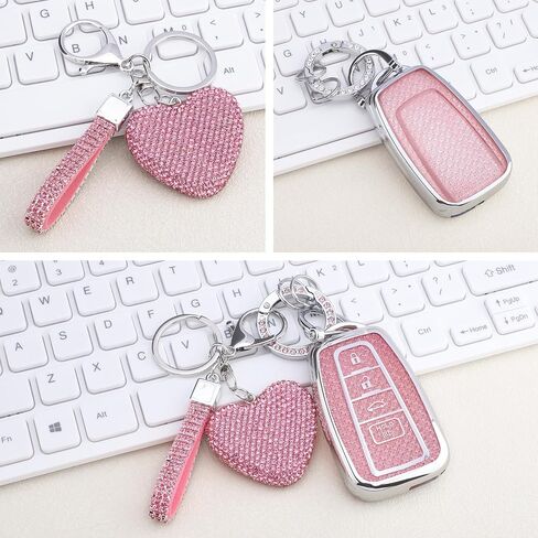 for Toyota 4 Buttons key fob cover with Diamond Heart Keychain, Car Accessories TPU for Fortuner Tundra Camry RAV4 Highlander Challenger Smart Key, Silver Purple in Saudi Arabia