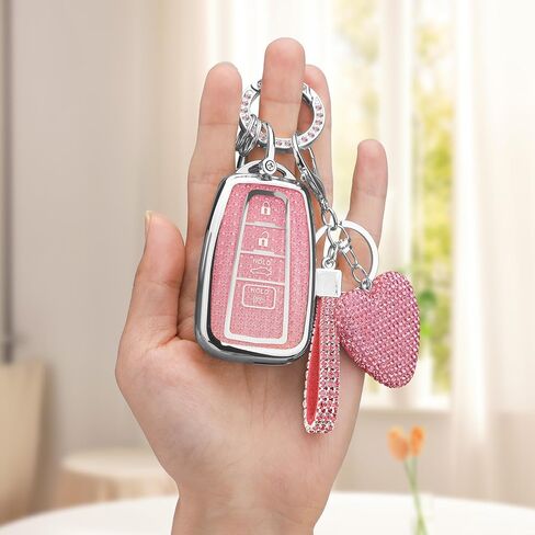 for Toyota 4 Buttons key fob cover with Diamond Heart Keychain, Car Accessories TPU for Fortuner Tundra Camry RAV4 Highlander Challenger Smart Key, Silver Purple in Saudi Arabia