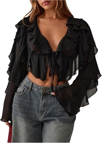 Floerns Women's Ruffle Trim Mesh Long Sleeve Blouses V Neck Tie Front Crop Tops in Saudi Arabia
