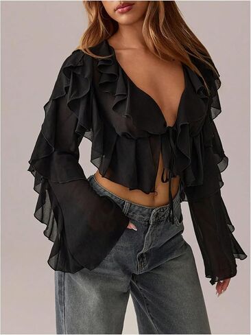 Floerns Women's Ruffle Trim Mesh Long Sleeve Blouses V Neck Tie Front Crop Tops in Saudi Arabia