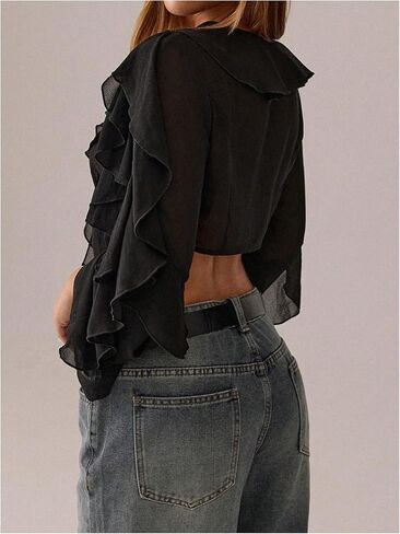 Floerns Women's Ruffle Trim Mesh Long Sleeve Blouses V Neck Tie Front Crop Tops in Saudi Arabia