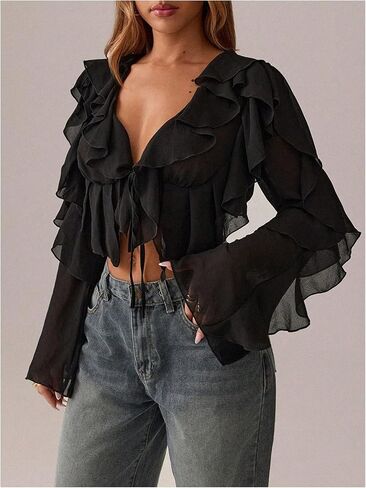 Floerns Women's Ruffle Trim Mesh Long Sleeve Blouses V Neck Tie Front Crop Tops in Saudi Arabia