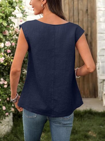 Women's Pure Linen Blouse V Neck Cap Sleeve Ruched Tops 100% Linen Tshirt in Kuwait