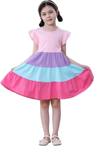 Hongshilian Toddler Girls' Cotton Ruffle Sleeve Tiered Sundress Bright Colorful Twirly Spring Summer Dresses in Saudi Arabia