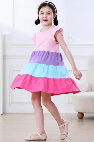 Hongshilian Toddler Girls' Cotton Ruffle Sleeve Tiered Sundress Bright Colorful Twirly Spring Summer Dresses in Saudi Arabia