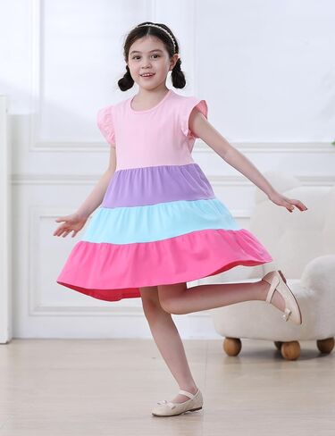 Hongshilian Toddler Girls' Cotton Ruffle Sleeve Tiered Sundress Bright Colorful Twirly Spring Summer Dresses in Saudi Arabia