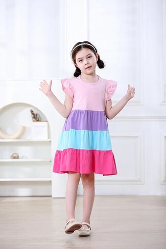 Hongshilian Toddler Girls' Cotton Ruffle Sleeve Tiered Sundress Bright Colorful Twirly Spring Summer Dresses in Saudi Arabia
