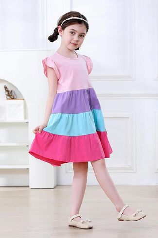 Hongshilian Toddler Girls' Cotton Ruffle Sleeve Tiered Sundress Bright Colorful Twirly Spring Summer Dresses in Saudi Arabia