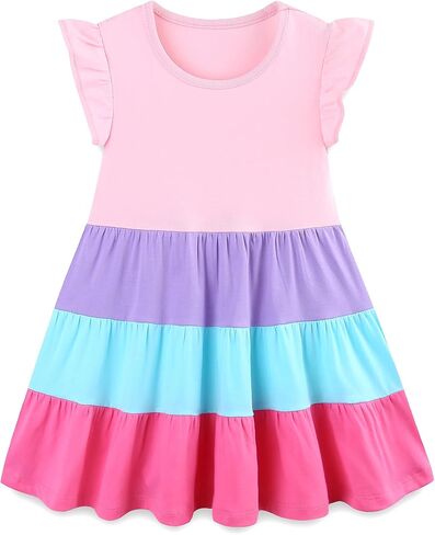 Hongshilian Toddler Girls' Cotton Ruffle Sleeve Tiered Sundress Bright Colorful Twirly Spring Summer Dresses in Saudi Arabia