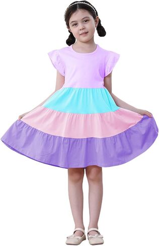 Hongshilian Toddler Girls' Cotton Ruffle Sleeve Tiered Sundress Bright Colorful Twirly Spring Summer Dresses in Saudi Arabia