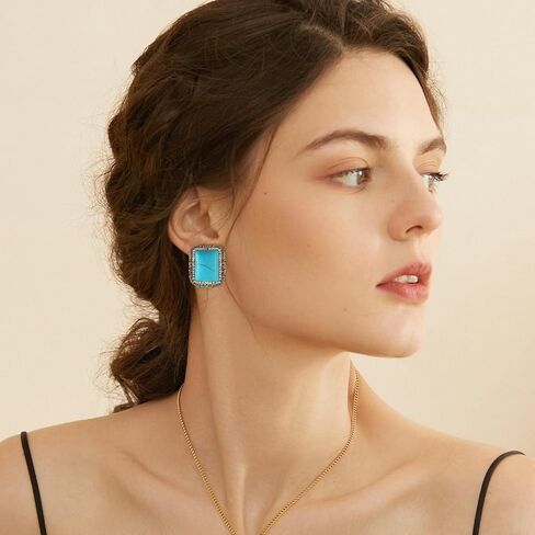 HZMAN Turquoise Earring for Women Retro Antique Chunky Earring Cubic Zirconia Bohemian Square Turquoise Stone Stud Earring Jewelry Gift in Saudi Arabia