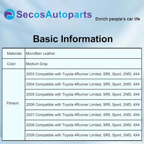 Secosautoparts متوسطة الرمادي سائق وركاب الجانب القاع بديلة الجلود غطاء المقعد الجلدي متوافق مع Toyota 4runner Limited 2003 2004 2005 2007 2007 2008 in Saudi Arabia