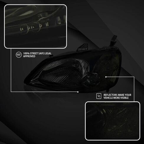 AutoZensation متوافق مع 2001-2003 Honda Civic 2/4DR المصابيح الأمامية Smoke Lens L + R الزوج in Kuwait