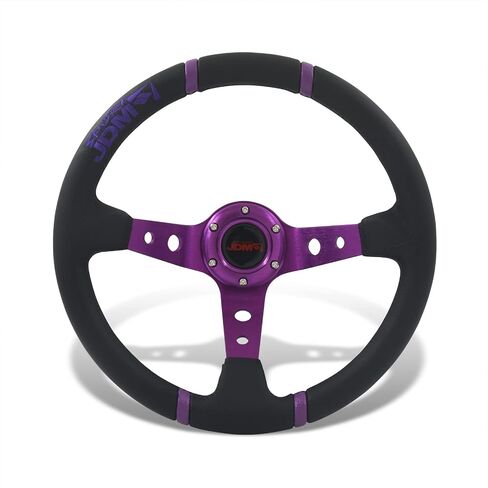 AJP Distributors Universal 350mm 14" Steering Wheel 6 Bolts Holes Black PVC Leather 4 Purple Pin Stripe Light Weight Aluminum 3 Spoke Center Deep Dish Horn Button Grip Stance JDM in Saudi Arabia