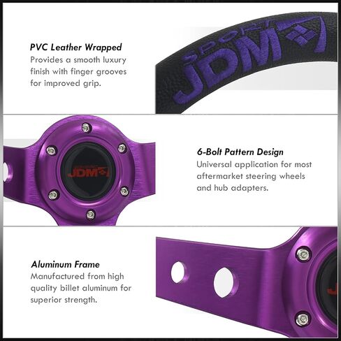 AJP Distributors Universal 350mm 14" Steering Wheel 6 Bolts Holes Black PVC Leather 4 Purple Pin Stripe Light Weight Aluminum 3 Spoke Center Deep Dish Horn Button Grip Stance JDM in Saudi Arabia