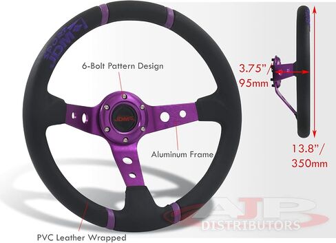 AJP Distributors Universal 350mm 14" Steering Wheel 6 Bolts Holes Black PVC Leather 4 Purple Pin Stripe Light Weight Aluminum 3 Spoke Center Deep Dish Horn Button Grip Stance JDM in Saudi Arabia