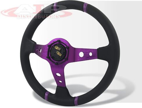 AJP Distributors Universal 350mm 14" Steering Wheel 6 Bolts Holes Black PVC Leather 4 Purple Pin Stripe Light Weight Aluminum 3 Spoke Center Deep Dish Horn Button Grip Stance JDM in Saudi Arabia