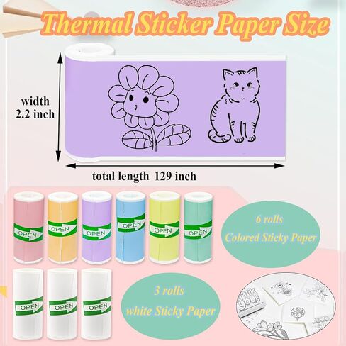 12 Rolls Self-Adhesive Mini Printer Sticker Paper - 6 White & 6 Vibrant Colors for M02/T02 Printers (Remove Inner Paper Holder), Thermal Sticker Paper for Photos, Lists, Study Notes & Scrapbooking in Kuwait