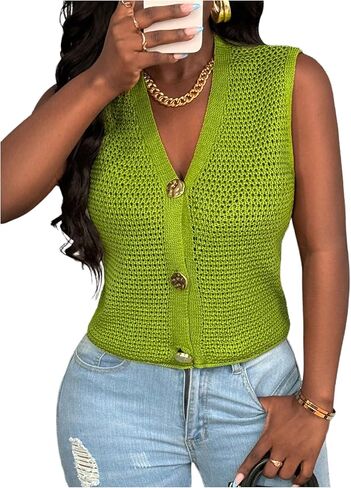 GORGLITTER Women's Crochet Knit Tank Tops Sleeveless Metallic Button Casual Summer Lightweight Sweater Vest Tops Trendy in Saudi Arabia