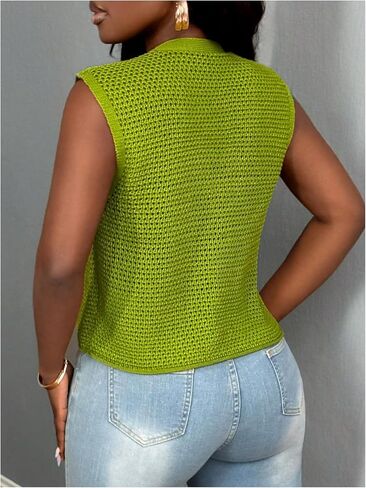 GORGLITTER Women's Crochet Knit Tank Tops Sleeveless Metallic Button Casual Summer Lightweight Sweater Vest Tops Trendy in Saudi Arabia