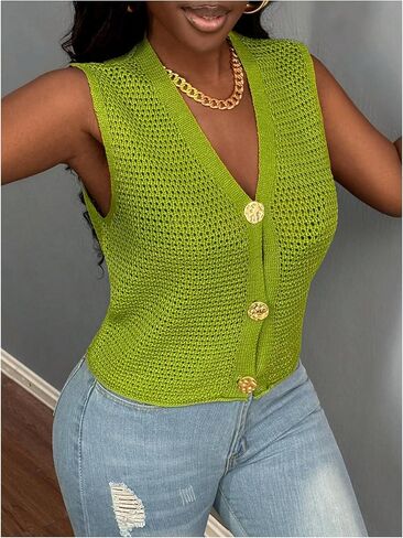 GORGLITTER Women's Crochet Knit Tank Tops Sleeveless Metallic Button Casual Summer Lightweight Sweater Vest Tops Trendy in Saudi Arabia
