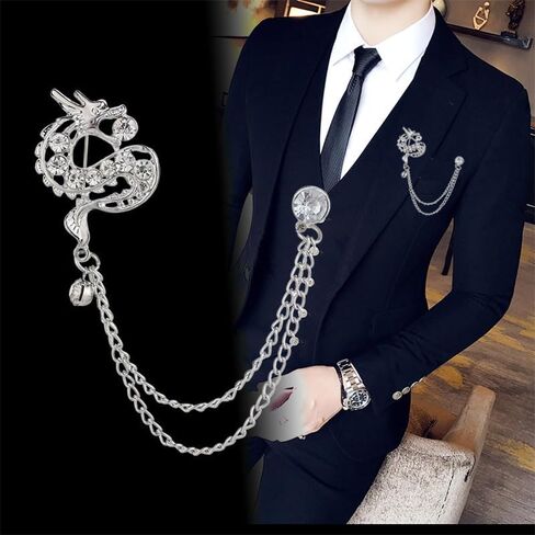 coadipress Dragon With Hanging Chain Brooch Pin for Women Men Rhinestone Crystal Dragon Animal Collar Pins Suit Shirt Lapel Pin Fashion Jewelry in Saudi Arabia