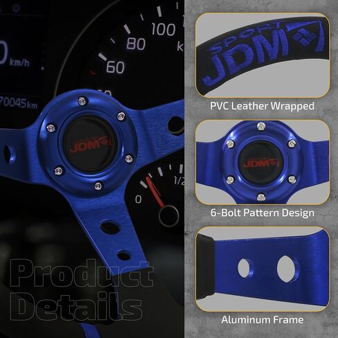 AJP Distributors Universal 350mm 14" Steering Wheel 6 Bolts Holes Black PVC Leather 4 Purple Pin Stripe Light Weight Aluminum 3 Spoke Center Deep Dish Horn Button Grip Stance JDM in Saudi Arabia