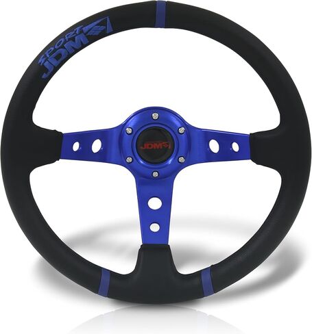 AJP Distributors Universal 350mm 14" Steering Wheel 6 Bolts Holes Black PVC Leather 4 Purple Pin Stripe Light Weight Aluminum 3 Spoke Center Deep Dish Horn Button Grip Stance JDM in Saudi Arabia