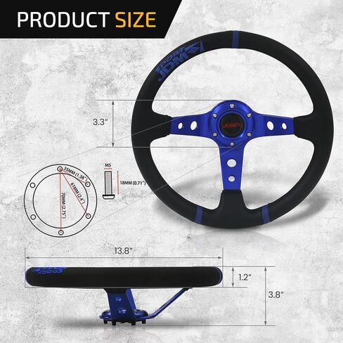 AJP Distributors Universal 350mm 14" Steering Wheel 6 Bolts Holes Black PVC Leather 4 Purple Pin Stripe Light Weight Aluminum 3 Spoke Center Deep Dish Horn Button Grip Stance JDM in Saudi Arabia