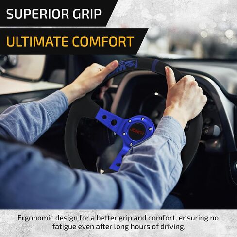 AJP Distributors Universal 350mm 14" Steering Wheel 6 Bolts Holes Black PVC Leather 4 Purple Pin Stripe Light Weight Aluminum 3 Spoke Center Deep Dish Horn Button Grip Stance JDM in Saudi Arabia