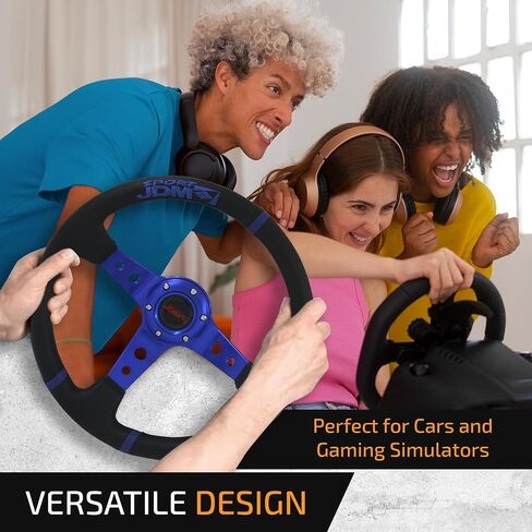 AJP Distributors Universal 350mm 14" Steering Wheel 6 Bolts Holes Black PVC Leather 4 Purple Pin Stripe Light Weight Aluminum 3 Spoke Center Deep Dish Horn Button Grip Stance JDM in Saudi Arabia