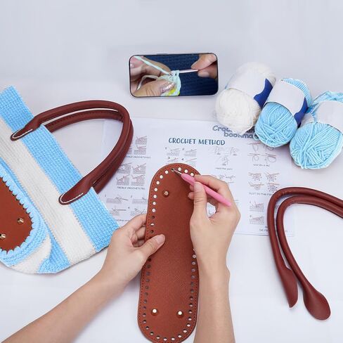 ORIGACH DIY Crochet Handbag Kit for Beginners, Khaki Striped Crochet Bag with PU Leather Band and Base, Complete Crochet Set to Make a Bag, Include Yarn, Crochet Hooks, Markers and Instruction in Saudi Arabia