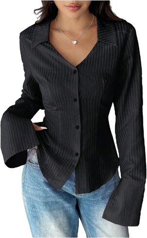 SHENHE Women's Striped Button Down Long Sleeve Pinstripe Shirt V Neck Dressy Office Blouse in Saudi Arabia