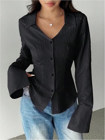 SHENHE Women's Striped Button Down Long Sleeve Pinstripe Shirt V Neck Dressy Office Blouse in Saudi Arabia