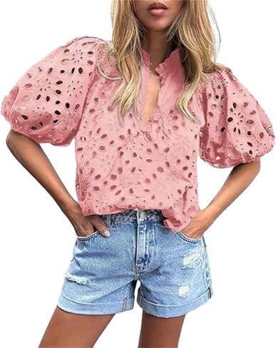 hathne Women's Embroidered Eyelet Blouses Tops Summer V Neck Hollow Out Lantern Short Sleeve Shirts in Saudi Arabia